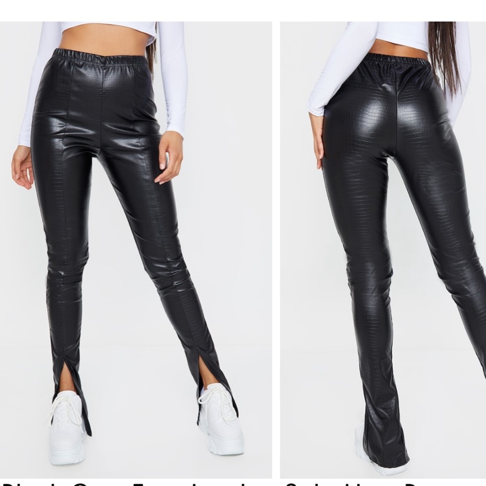 PLT Black croc faux leather split hem trousers